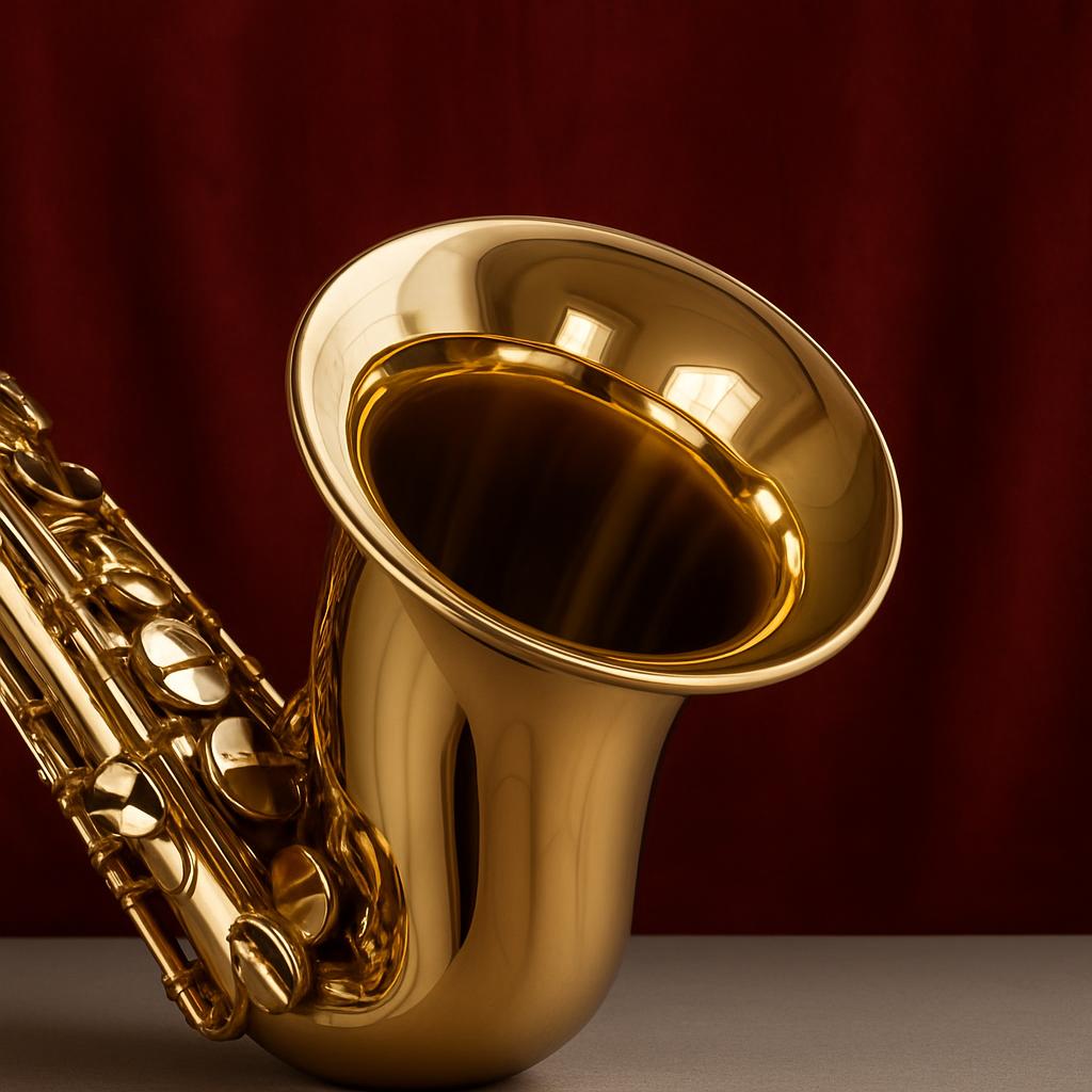 The alt text for the image is: "A golden saxophone in front of a red velvet background."