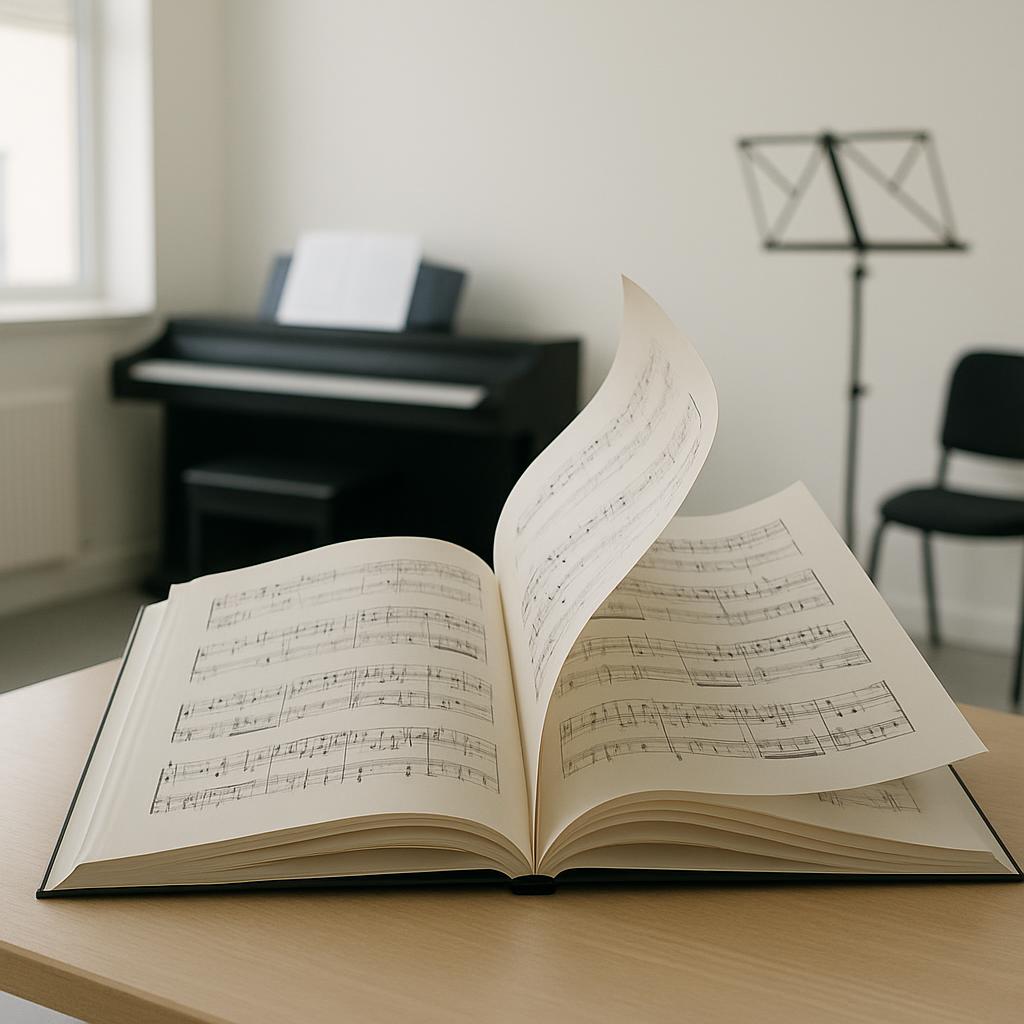 The image depicts a book of sheet music open on a wooden table, with blurred pianos and recording equipment in the backgro...