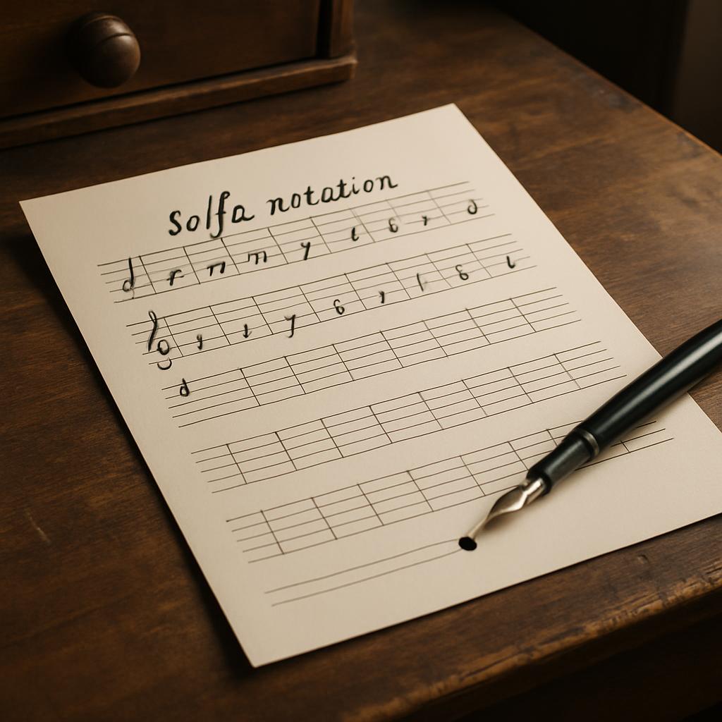 Image of a piece of paper with the title "Solfá notation" written on it, accompanied by a pen.