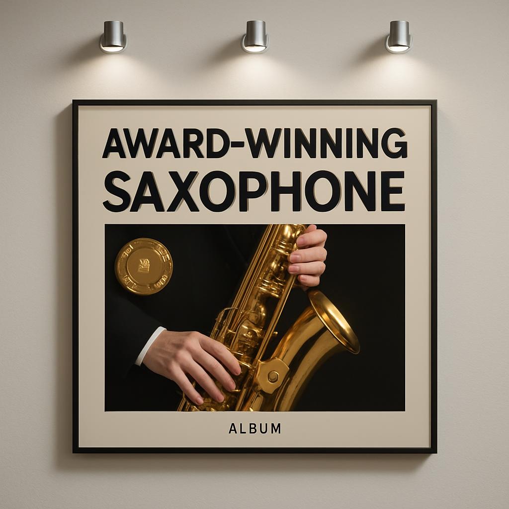 An album cover featuring the words "AWARD WINNING SAXOPHONE" on an off-white background with a black border and square ima...