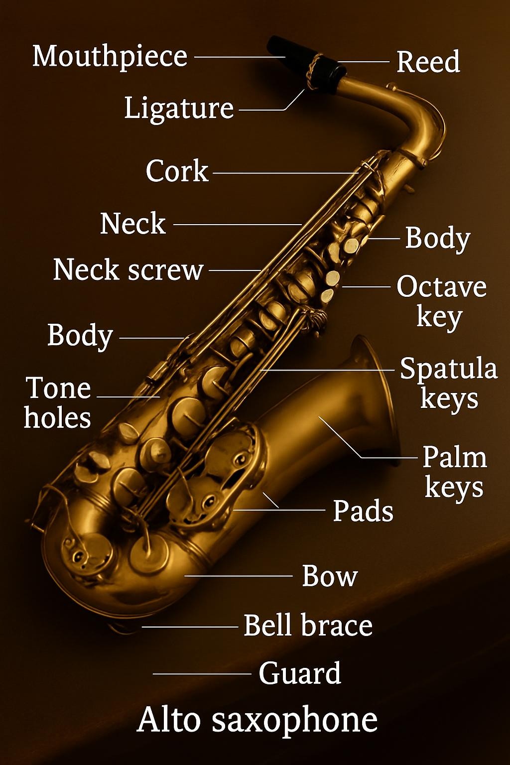 a saxophone diagram with the names of all the parts labeled
